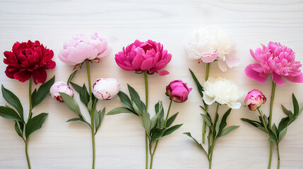 Fototapeta premium A flat lay of fresh peonies arranged in a loose natural