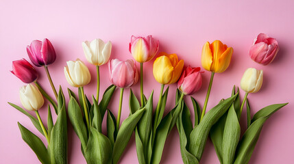 Fototapeta premium A flat lay of fresh tulips arranged in a fan shape