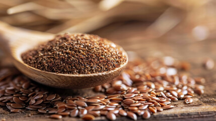 Close-up, flax seeds in a wooden spoon with a slide, ground flax seeds on a wooden table. Omega-3 fatty acid ALA, lignans, fiber, antioxidant.