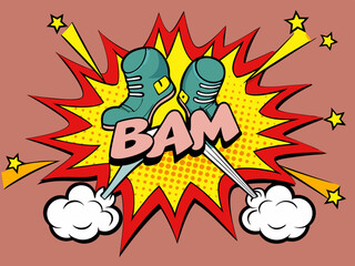 Comic bomb explosion. Cartoon brawl cloud with feet and legs. Speech explode bubbles, circle burst with bam, pow, boom, crash and bang for comic books. Vector set
