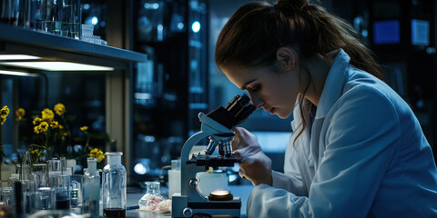 Caucasian woman in lab coat studying samples under a microscope in a research laboratory.