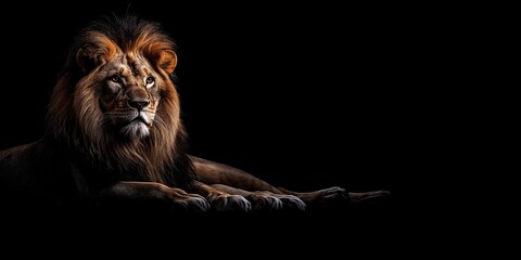 Fototapeta premium Photo of a lion isolated against a black background, emphasising the lion's majestic features. Wildlife and conservation concept, space for copy.
