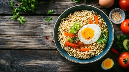 Delicious Bowl of Noodles with Broth, Egg, and Vegetables on Wooden Table