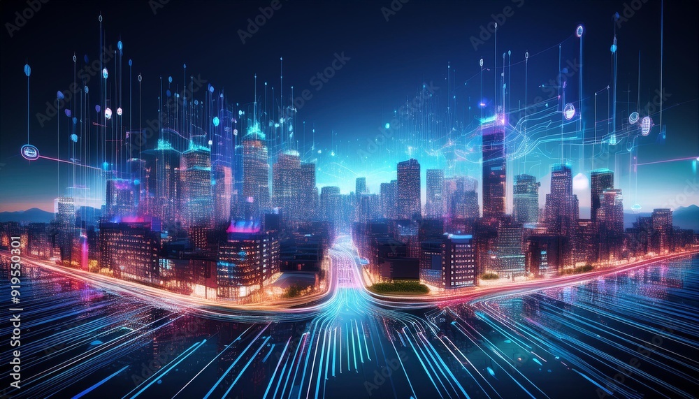 Poster futuristic cityscape at night illuminated by holographic projections and data streams blending physi