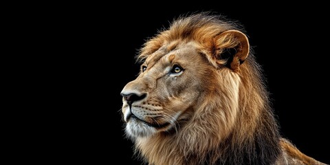 Fototapeta premium Photo of a lion isolated against a black background, emphasising the lion's majestic features. Wildlife and conservation concept, space for copy.