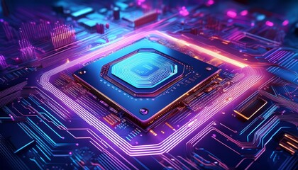 futuristic closeup of an advanced cpu on a sleek circuit board intricate neon pathways glowing components and holographic displays cyberpunk aesthetic with cool blue and purple tones