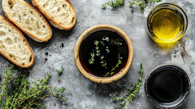 Organic Balsamic Vinegar in Bowl with Oil, Thyme, and Bread