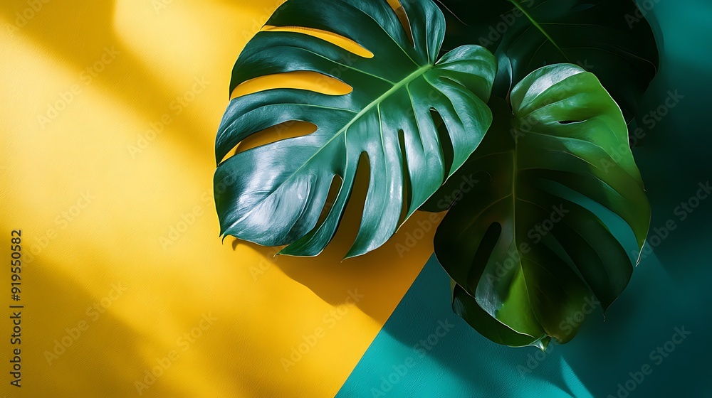 Wall mural Lush Green Monstera Leaves on a Yellow and Teal Background