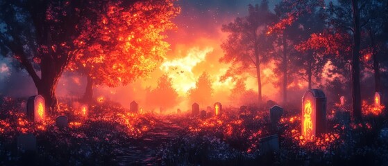 A Halloween night scene with ghostly apparitions appearing among decorated tombstones, with fog and eerie lighting enhancing the spooky atmosphere