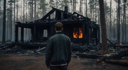 a young man in the forest front of a burning cottage