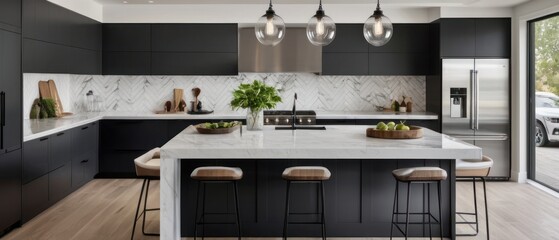 Sleek modern black kitchen featuring marble countertops, stylish cabinetry, and stainless steel appliances. Perfect blend of elegance and functionality for contemporary living.