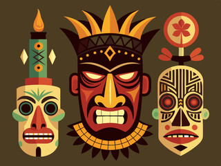 Ethnic masks. Tiki totem, voodoo african tribal head. Zulu traditional god, hawaiian indigenous vintage tattoo ritual polynesian face black vector set

