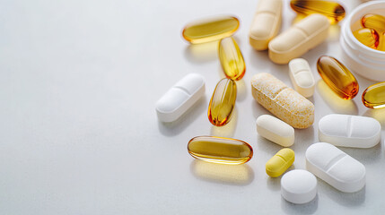 Assorted dietary supplements and vitamins on a white surface for health and wellness concepts.