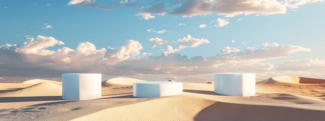3D product podiums set against desert dunes.