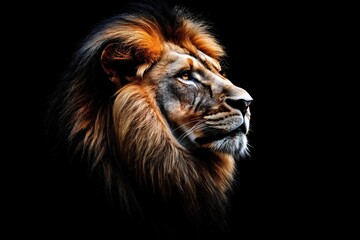 Photo of a lion isolated against a black background, emphasising the lion's majestic features. Wildlife and conservation concept, space for copy.