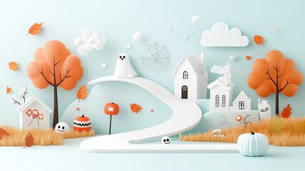An autumn Halloween festival with ghost-themed activities, including a haunted maze and spooky ghost decorations, surrounded by falling leaves