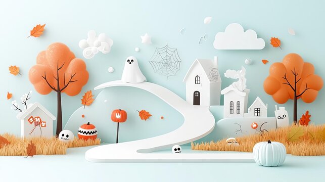 An autumn Halloween festival with ghost-themed activities, including a haunted maze and spooky ghost decorations, surrounded by falling leaves
