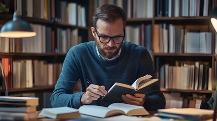 96. A book editor reviewing manuscripts in a cozy office