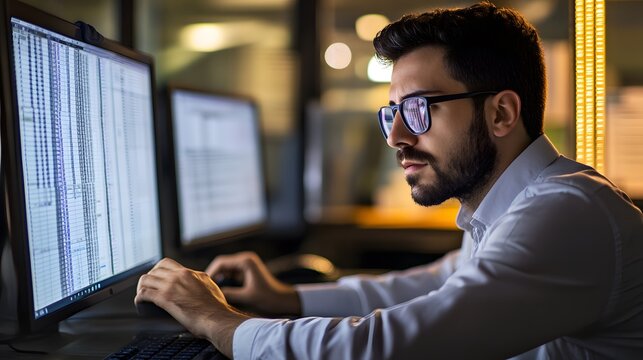 98. A data entry specialist working with spreadsheets in an office