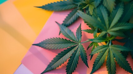 Marijuana leaves on a colorful background, close up top view on cannabis leaves and branches on colorful background for alternative medical and marketing design concept