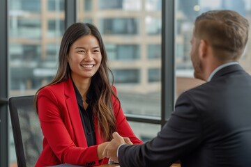 A woman in a red blazer shakes hands with a man in a black suit, both smiling.