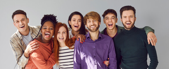 Happy diverse friends having fun together. Banner with group photo of seven cheerful multiracial...