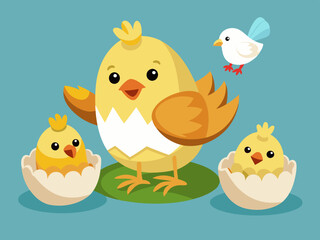 Chicken hatching. Easter cute chick hatched, cracked shell egg. Newborn bird from egg step-by-step process. Domestic hens baby in nest. Farm birds. Vector concept 
