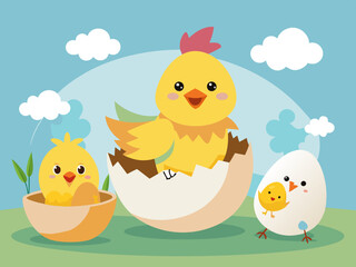 Chicken hatching. Easter cute chick hatched, cracked shell egg. Newborn bird from egg step-by-step process. Domestic hens baby in nest. Farm birds. Vector concept 
