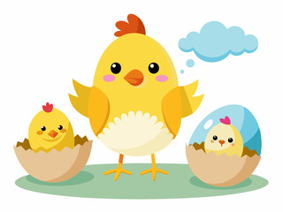 Chicken hatching. Easter cute chick hatched, cracked shell egg. Newborn bird from egg step-by-step process. Domestic hens baby in nest. Farm birds. Vector concept 
