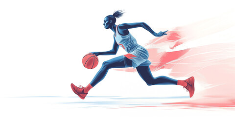 Obraz premium Illustration of a female basketball player in action on a white background. The colors red and blue represent the American flag. A woman basketball player in action