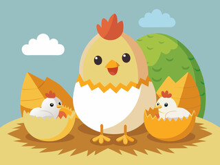 Chicken hatching. Easter cute chick hatched, cracked shell egg. Newborn bird from egg step-by-step process. Domestic hens baby in nest. Farm birds. Vector concept 
