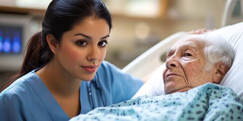 Obraz premium Latina nurse attentively caring for an elderly patient in hospital setting