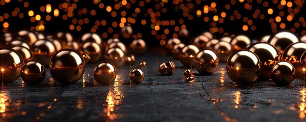 Abstract background with golden spheres and blurred bokeh lights.  A futuristic and modern design, perfect for technology, science, or luxury concepts.