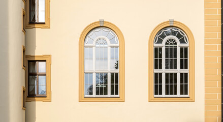 Elegant classical building facade with symmetrical arched windows, sunlit yellow wall, and decorative architectural details showcasing vintage European style and historic heritage architecture