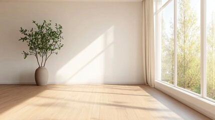 Fototapeta premium Empty bright room with wooden floor, minimalist interior with plant and sunlight from the large window.
