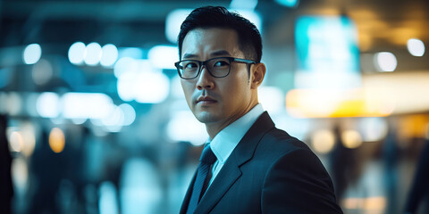 Asian businessman working diligently at a busy airport terminal