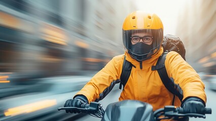 Naklejka premium A delivery rider in a vibrant yellow jacket and helmet speeds through a city, showcasing dynamic urban life and fast deliveries.