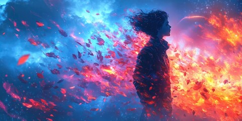 Woman in a Red and Blue Swirl of Light and Falling Leaves