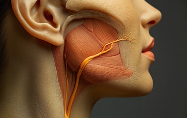 Closeup of the zygomatic bone with the infraorbital nerve emerging beneath, focusing on the nerves path through the facial bones, anatomy, cheekbone and nerves