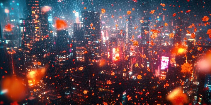Autumn Leaves Falling Through City Rain at Night
