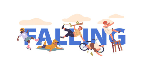 Kids Characters Falling In Different Humorous Situations. Vector Concept Showcasing Roller Skater Girl, Child Slipping