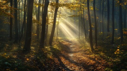 Obraz premium Sunbeams Illuminating a Misty Forest Path