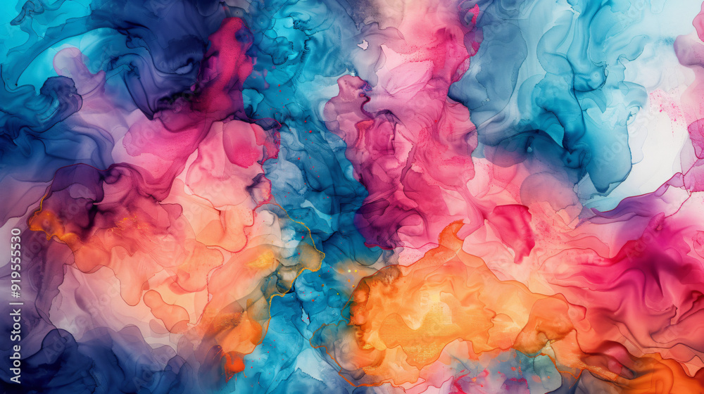 Poster Organic effect created by colorful splashes in abstract fluid art painting using alcohol ink technique