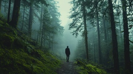 Solitary Figure Walking Through a Foggy Forest Path