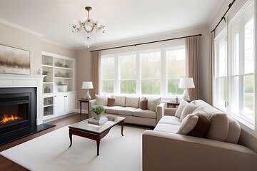 Living room with white furniture and brown accents.