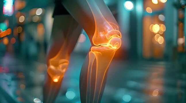 A close-up view of a human knee joint, showing the bones, muscles, and ligaments.