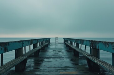 Fototapeta premium A desolate pier extending into the misty expanse of the ocean, creating a reflective and contemplative mood with its muted tones and empty space.