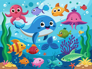 Sea life. Cartoon ocean underwater animals. Cute water fish, sea horse, crab, shark, dolphin, turtle, happy jellyfish. Marine wildlife creatures. Kids vector illustration.
