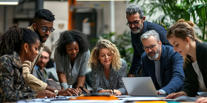 Multiethnic group of people, including people of color, working together in an open-plan office setting.
