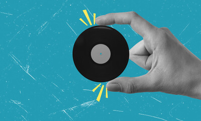 Contemporary minimal art collage. Vinyl and hand in abstract on a blue background.
